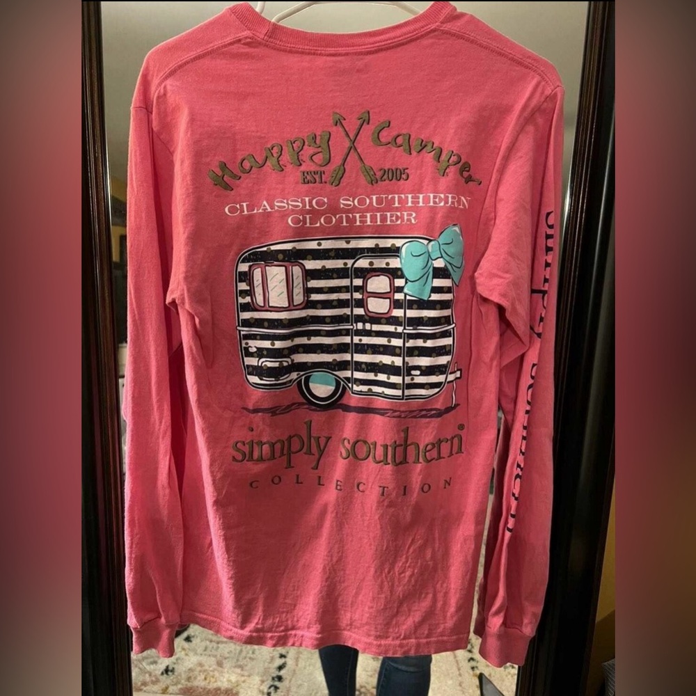 Simply Southern pink LS tee. Happy Camper shirt! Small.